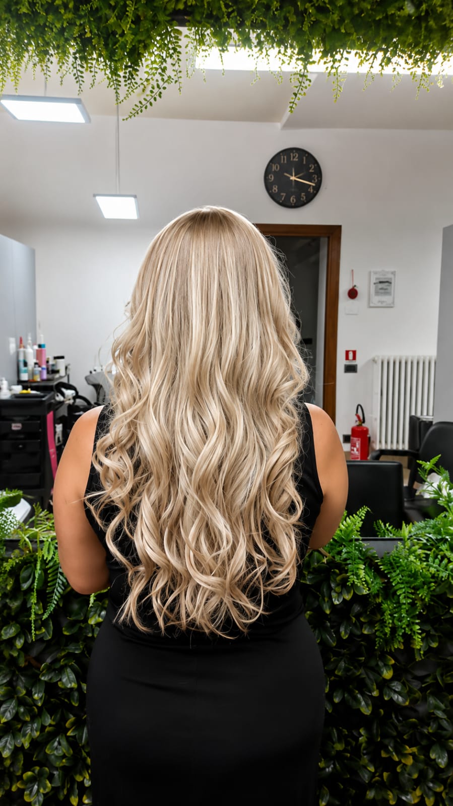 Rear view of a person with long blonde wavy hair standing before a mirror, framed by hanging and potted greenery under bright indoor lighting.
